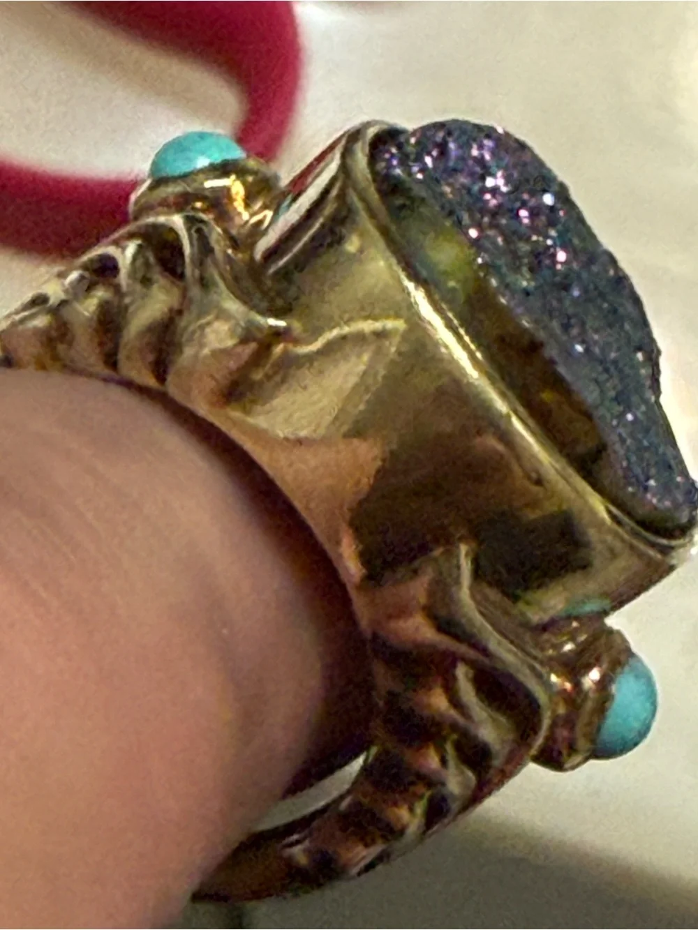 Gold Wash Sterling Silver 925 Druzy Ring Size 6.25-6.5 Turquoise Side Stones
